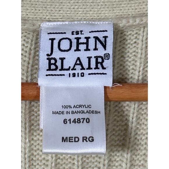 Vintage Cardigan Sweater Medium Cream Cable Knit Ribbed V Neck Patch Pockets - Picture 6 of 11